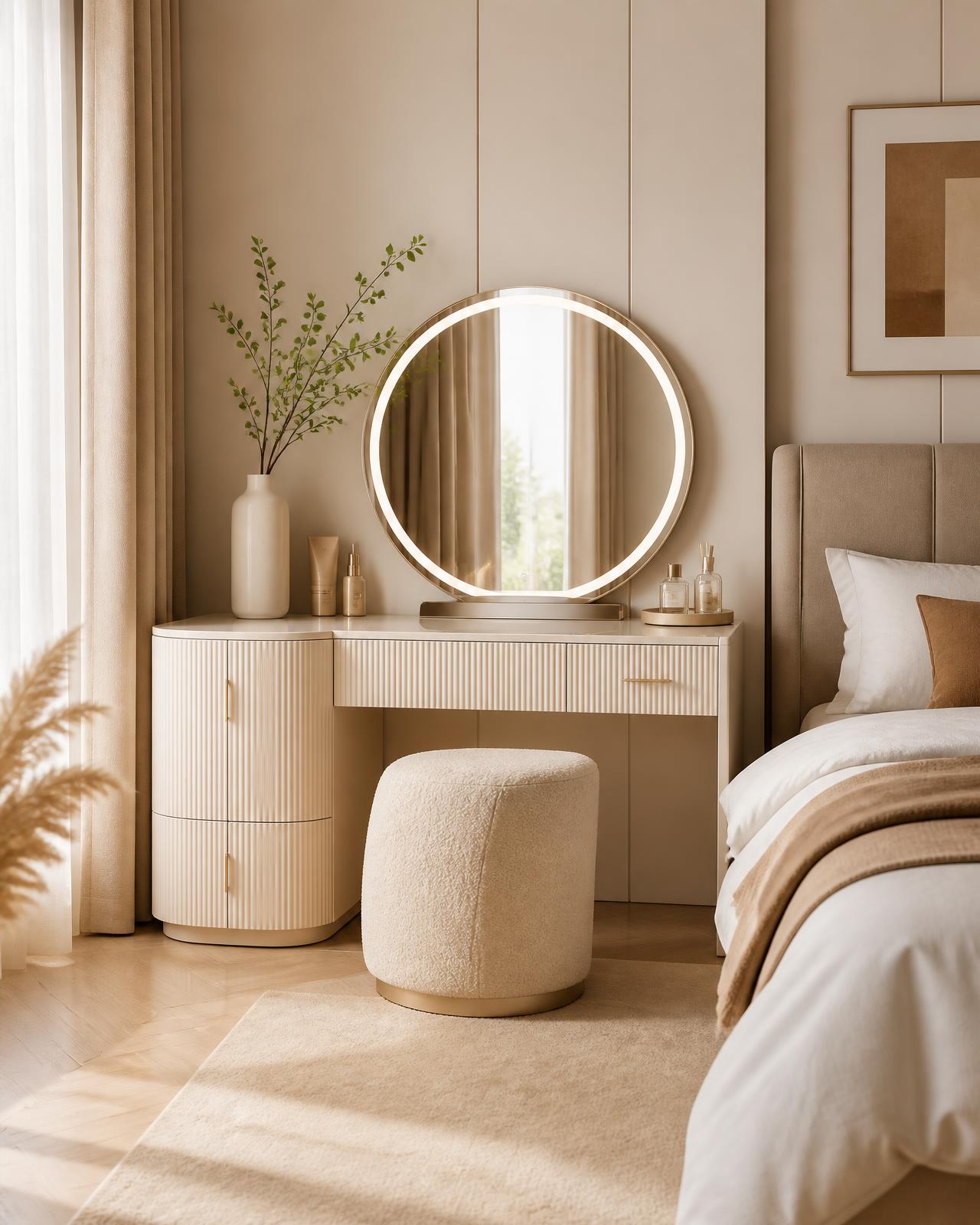 Cream fluted dressing table with a round LED mirror in a warm neutral bedroom